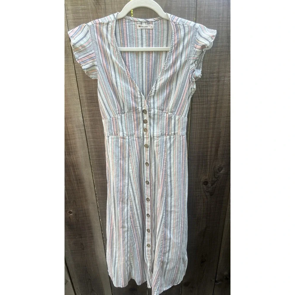 Marine Layer Women's Short Sleeve Multicolor Striped V-Neck Midi Dress Sz Small